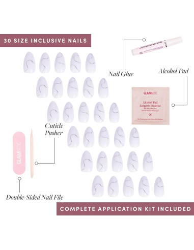 Kit Uñas Postizas Glamnetic Noche Silenciosa - 30 Uñas Cortas Almendras Blancas Brillantes