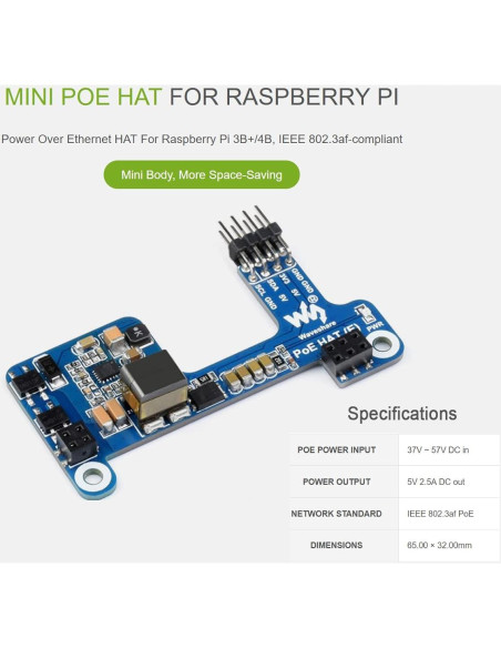HAT PoE Waveshare para Raspberry Pi 3B+/4B, 5V 2.5A HAT PoE Waveshare para Raspberry Pi 3B+/4B, 5V 2.5A