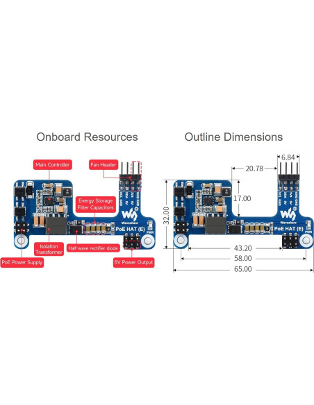 HAT PoE Waveshare para Raspberry Pi 3B+/4B, 5V 2.5A HAT PoE Waveshare para Raspberry Pi 3B+/4B, 5V 2.5A