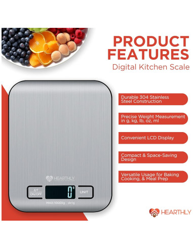 Báscula Digital de Cocina Hearthly 10kg Acero Inoxidable