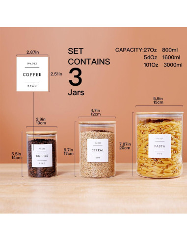 Juego de 3 Tarros de Vidrio Herméticos con Tapas de Bambú - 2.96 L