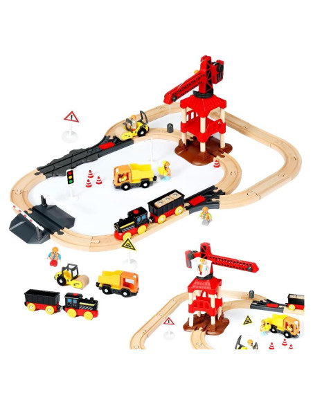 Juego de Vías de Tren de Madera 58 Piezas Trimate con Grúa Juego de Vías de Tren de Madera 58 Piezas Trimate con Grúa