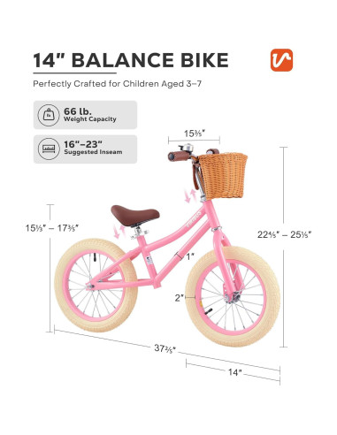 Bicicleta de Equilibrio Viribus 14" Rosa para Niños 3-7 Años