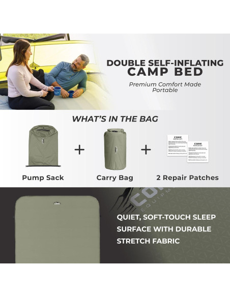 Cama de Camping Doble CORE Autoinflable 198x132 cm Verde Oliva Cama de Camping Doble CORE Autoinflable 198x132 cm Verde Oliva