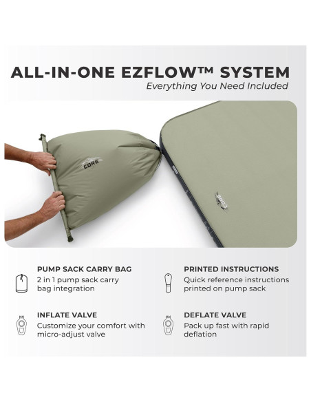 Cama de Camping Doble CORE Autoinflable 198x132 cm Verde Oliva Cama de Camping Doble CORE Autoinflable 198x132 cm Verde Oliva