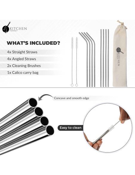 Juego de 8 Pajitas de Metal Cocina Ferret Reutilizables Plata Juego de 8 Pajitas de Metal Cocina Ferret Reutilizables Plata