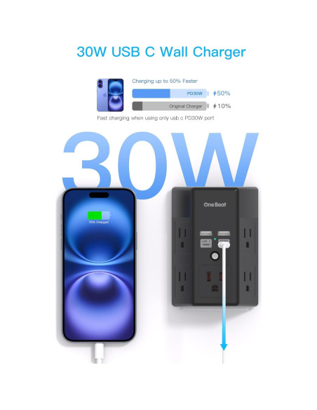 Extensor de Enchufe One Beat 5 Salidas 4 USB C PD30W Negro Extensor de Enchufe One Beat 5 Salidas 4 USB C PD30W Negro