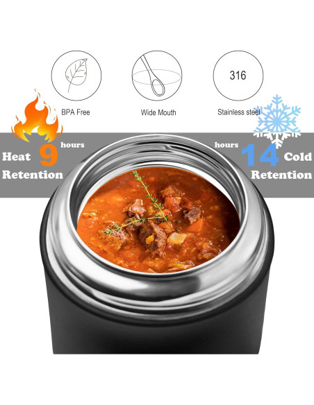 Termo Aislado para Comida CocoMeiwei 0.5L Negro con Cuchara Termo Aislado para Comida CocoMeiwei 0.5L Negro con Cuchara