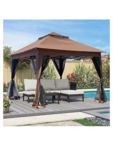 Carpa Gazebo BJZHH 330x330 cm Marrón con Paredes de Malla