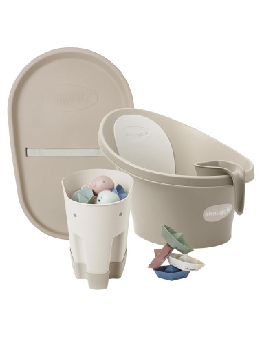 Paquete Baño para Bebé Shnuggle Taupe - Jarra, Cucharón y Almohadilla