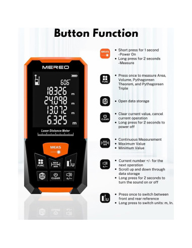 Medidor Láser MEREO D100 100m Pantalla LCD Retroiluminada