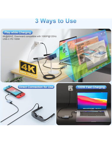 Adaptador USB-C a Gafas AR Ulyuhoda 4K 100W Carga y Video