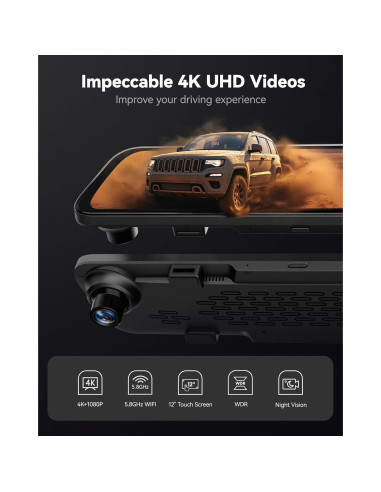 Cámara de Espejo WOLFBOX G840S 12" 4K con Soporte OEM
