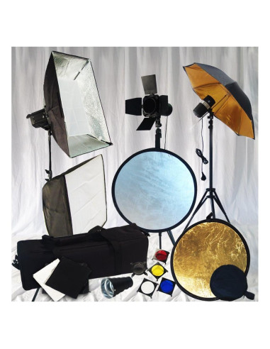Kit de Luces de Estudio Profesional Deluxe con 2 Estrobos y 3 Soportes