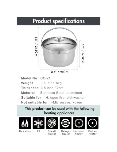 Olla de Cocina Campingmoon 3L Acero Inoxidable 3 Capas IH