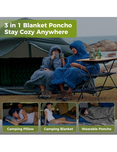 Saco de Dormir Usable ATEPA 3 en 1 Manta Poncho Negro