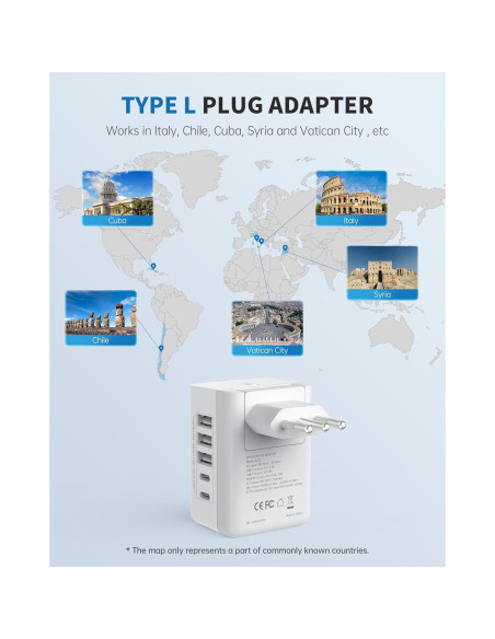 Adaptador de Viaje EPICKA Tipo L a Italia con 5 Puertos USB Adaptador de Viaje EPICKA Tipo L a Italia con 5 Puertos USB