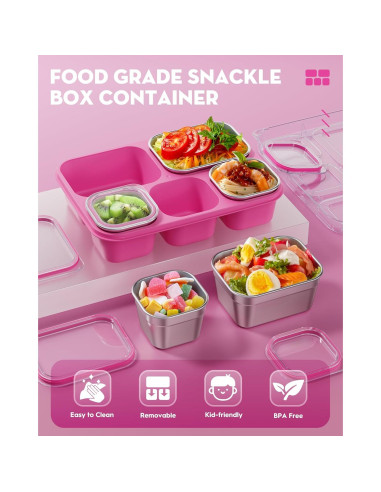 Contenedor Snackle Box BiuLeon Rosa Acero Inoxidable 5 Compartimentos
