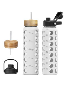Botella de Agua de Vidrio MUKOKO 0.91L con 2 Tapas y Pajilla