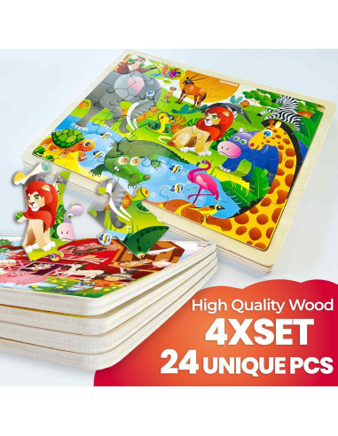 Rompecabezas de Madera QUOKKA 4 Set - 24 Piezas para Niños 3-8 Años