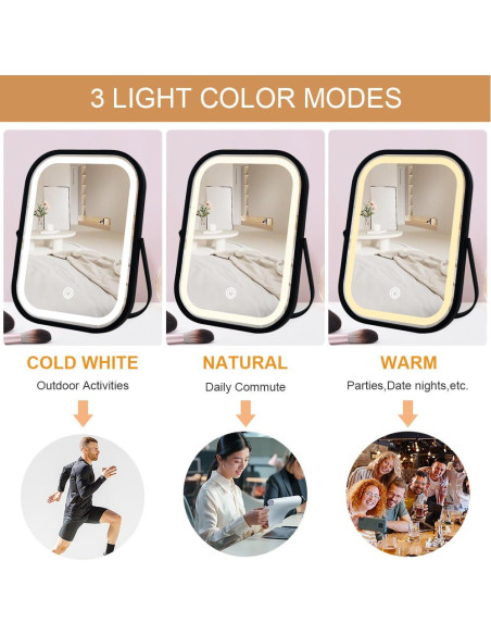 Espejo de Maquillaje LED Portátil YEKKOPT Negro 20.32x15.24cm Espejo de Maquillaje LED Portátil YEKKOPT Negro 20.32x15.24cm
