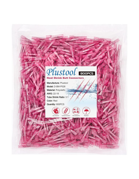 800 Conectores Termorretráctiles Rojo Plustool AWG 22-18 800 Conectores Termorretráctiles Rojo Plustool AWG 22-18