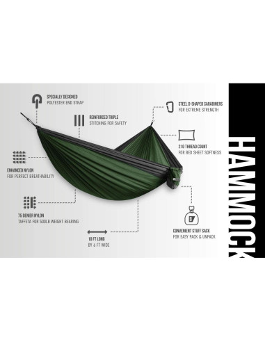 Hamaca Doble Bear Butt 3.05m Nylon 210T para Camping
