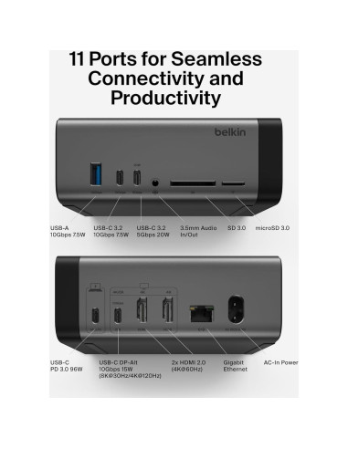 Dock USB-C Belkin Pro GaN 150W 11-en-1 Triple Monitor