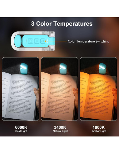 Luz de Libro Recargable Gritin Azul con 3 Colores y Brillo Ajustable