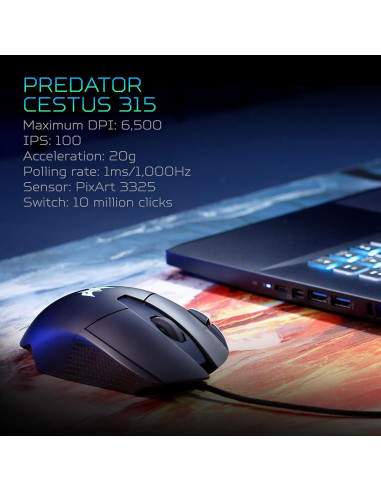 Ratón Gaming Acer Predator Cestus 315 con Sensor PixArt y 8 Botones