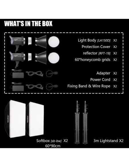Kit de Luz de Video Godox LA150D 2 Pack 380W LED 5600K Kit de Luz de Video Godox LA150D 2 Pack 380W LED 5600K