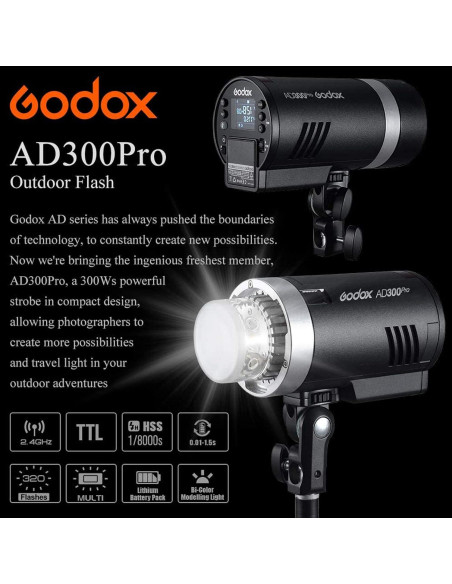 Flash Estroboscópico Godox AD300Pro 300Ws con Batería y Soporte Flash Estroboscópico Godox AD300Pro 300Ws con Batería y Soporte