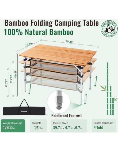 Mesa Plegable de Bambú KingCamp con Almacenamiento y Silla Acolchada