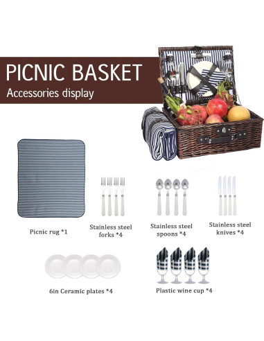 Cesta de Picnic HYBDAMAI para 4 Personas con Manta Impermeable