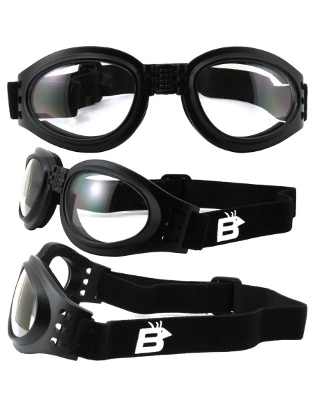 Gafas de Motocicleta Birdz Plegables Negras con Lentes Claros y Morados Gafas de Motocicleta Birdz Plegables Negras con Lentes Claros y Morados