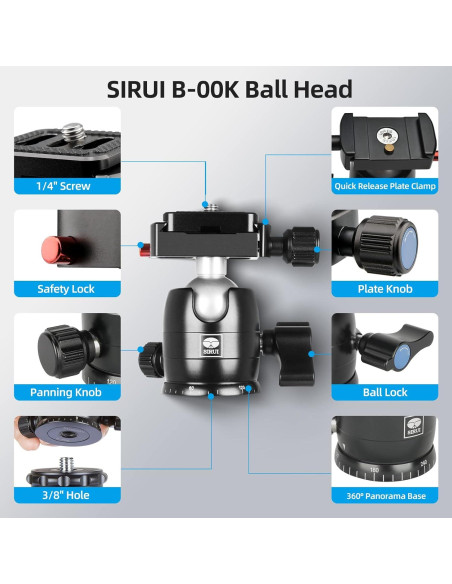 Cabezal de bola SIRUI B-00K para trípode, 10kg, panorámico 360 Cabezal de bola SIRUI B-00K para trípode, 10kg, panorámico 360