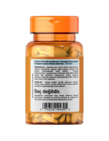 Vitamina C 500 mg Puritan's Pride con Bioflavonoides 100 Comprimidos