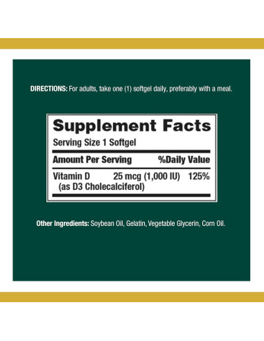 Suplemento de Vitamina D3 Nature's Bounty 1000 UI 350 Cápsulas