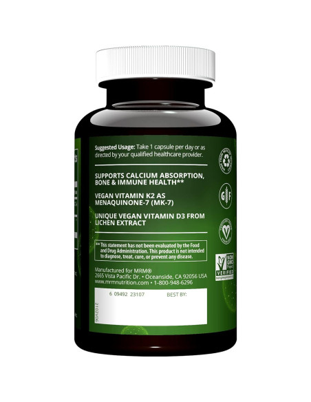 Vitamina D3 y K2 Vegana MRM | Salud Ósea y Inmunológica | 60 Cápsulas Vitamina D3 y K2 Vegana MRM | Salud Ósea y Inmunológica | 60 Cápsulas