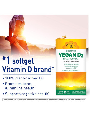 Vitamina D3 Vegana Country Life 30 Cápsulas 100% Vegetal