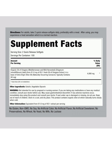 Cápsulas de Aceite de Orégano Piping Rock 4000mg - 200 Softgels
