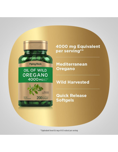 Cápsulas de Aceite de Orégano Piping Rock 4000mg - 200 Softgels Cápsulas de Aceite de Orégano Piping Rock 4000mg - 200 Softgels