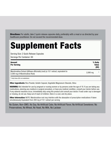 Suplemento de Raíz de Malvavisco Piping Rock 2000mg 120 Cápsulas