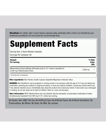 Suplemento de Raíz de Malvavisco Piping Rock 2000mg 120 Cápsulas Suplemento de Raíz de Malvavisco Piping Rock 2000mg 120 Cápsulas