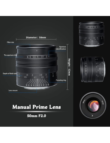 Lente Prime AstrHori 50mm F2.0 para Canon EF-M - Enfoque Manual