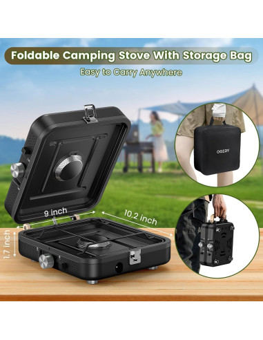 Estufa de Camping Plegable OGERY 2 Quemadores Propano 2.6 kg