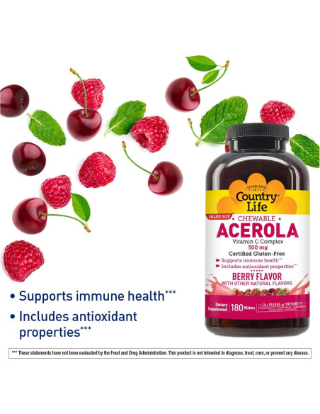 Galletas Masticables de Vitamina C Acerola Country Life 180g Galletas Masticables de Vitamina C Acerola Country Life 180g