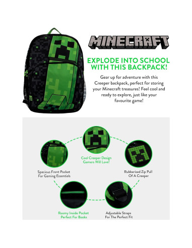 Mochila escolar Minecraft Creeper para niños 21.6L negra