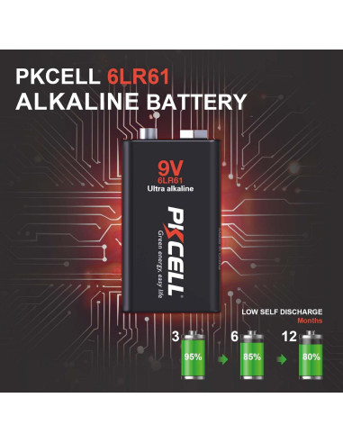 Baterías de 9V PKCELL Alcalinas Ultra Duraderas - 12 Unidades