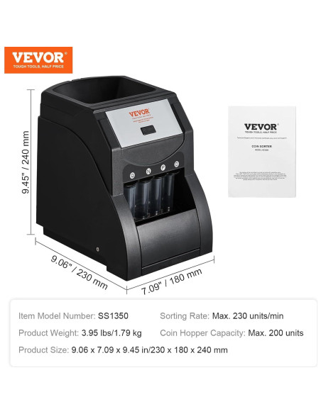 Clasificador de Monedas VEVOR Negro 200 Monedas 230/min Clasificador de Monedas VEVOR Negro 200 Monedas 230/min